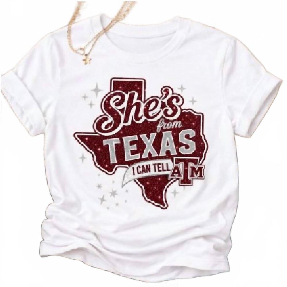 NEW CHERRY CLOTH women's she’s from texas graphic tee in maroon/ white